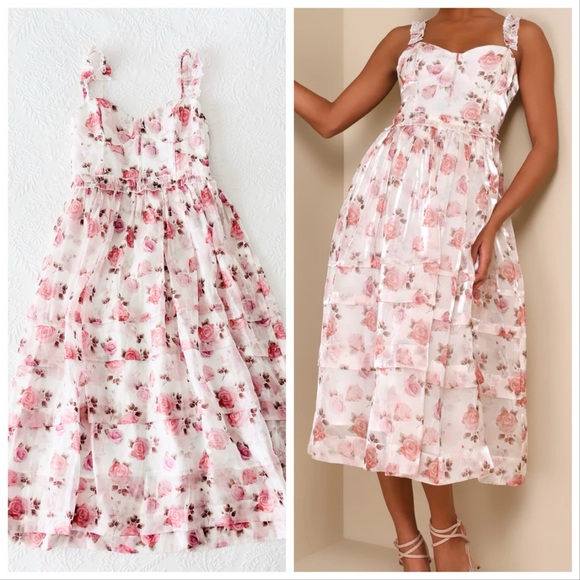 Lulus Dresses & Skirts - NWOT Lulus Sincerely Enchanting Ivory Floral Print Organza Midi Dress Large